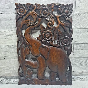 Vintage Art Carved Wood Elephant Plaque Wall Hanging Sculpture Art Wood Trunk Up - Picture 1 of 7