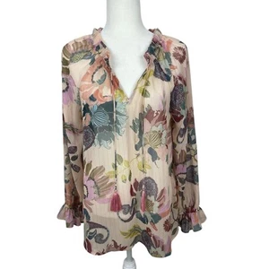 Soft Surroundings Floral Tunic Top Metallic Ruffles Tassels Boho Size Medium - Imagen 1 de 14