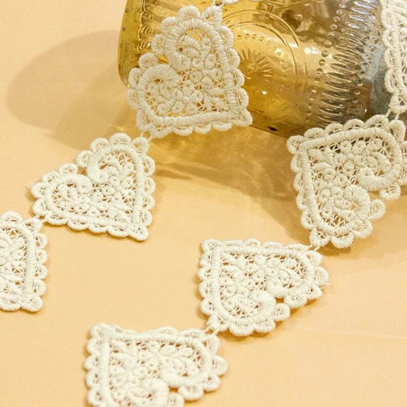 Beige Crocheted Heart Cotton Lace Trim Cotton Lace Ribbon Applique Patch 2 Yards - Image 1 of 4