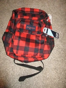 JanSport Union Pack Backpack Water Bottle Pocket Black Red Plaid Checkered New - Picture 1 of 7