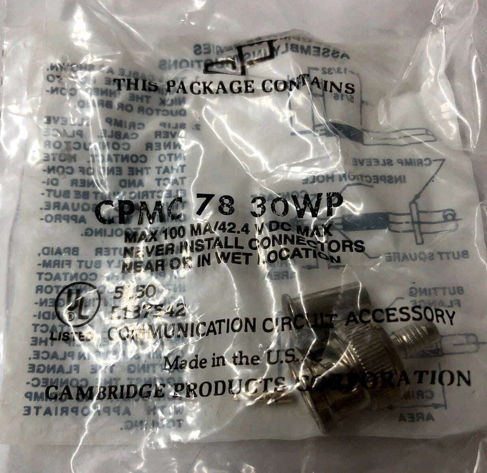 Lot Of 10 BNC Crimp Coax Connector Cambridge CPMC 78 30WP RG59 USA Made Quality - Image 1 of 4