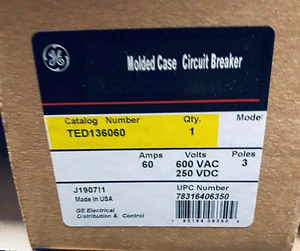 GE TED136060 BREAKER 3POLE 60A 600V 250VDC NEW IN BOX READY TO SHIP - Picture 1 of 1