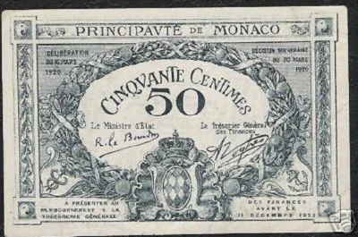MONACO 50 CENTIMES P-3 1920 FRANCE CASTLE G SERIES AUNC CURRENCY MONEY BANK NOTE - Image 1 of 2