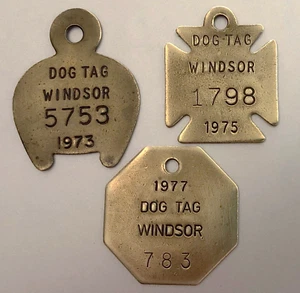 3 Windsor, Canada Dog License Brass Tags: 1973, 1975, 1977; Across Detroit River - Picture 1 of 1