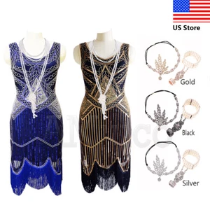 Vintage 1920s Flapper Dress Great Gatsby Fringe Dresses Lady 20s Roaring Costume - Picture 1 of 21