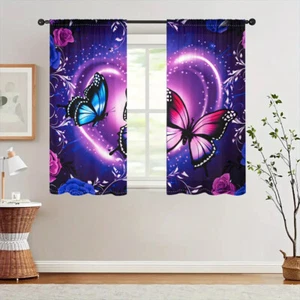 2Pcs Butterfly Heart Window Curtains Drapes Blinds Bedroom Living Room Kitchen - Picture 1 of 24