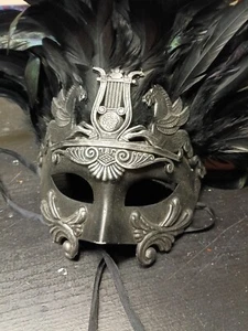 VENETIAN PEGASUS EMPEROR BLACK FEATHER MASQUERADE MASKQQ - Picture 1 of 5