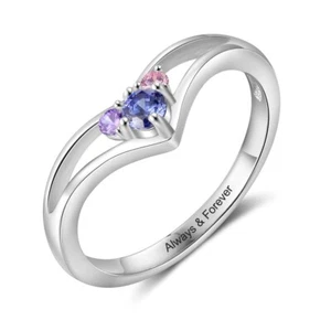 Personalized Dainty Mother's Ring 3 Round Birthstones Band Inner Engraving - Picture 1 of 6