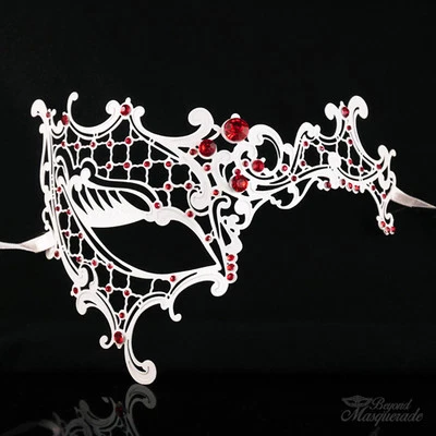 Woman Mask White Metal Phantom Venetian Ball Masquerade Mask Red Rihnestones - Image 1 of 4