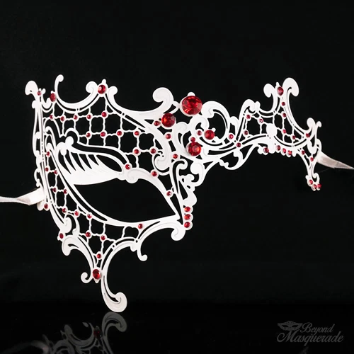 Woman Mask White Metal Phantom Venetian Ball Masquerade Mask Red Rihnestones - Image 1 of 4