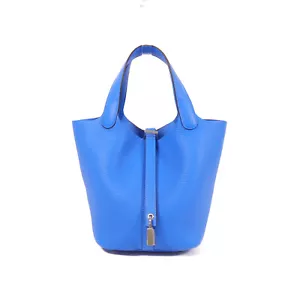 HERMES PHW Picotin PM Hand Bag/Tote Bag Clemence Leather Bleu Hydra - Picture 1 of 14