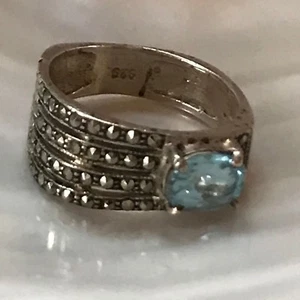 Estate 925 Marked Silver Asymmetic Band with Marcasites & Oval Blue Topaz Ring  - Picture 1 of 5