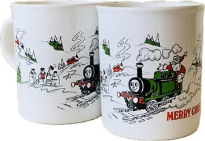 Vintage 80s Retro Christmas Mugs Set 2 Santa Train Journey Snow Scene Cartoon - Picture 1 of 14