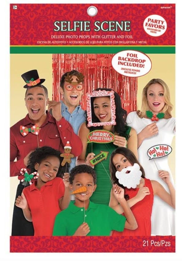 Amscan Navidad Selfie Foto Accesorios Deluxe Set 21 Piezas con Cortina de Lámina Roja Foto 1 de 1