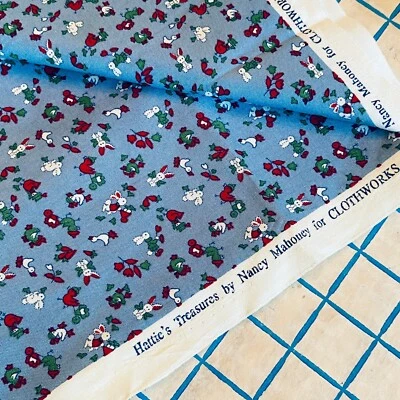 1 YD Small Print Bunny Chicks Fabric Blue Cotton Hatties Treasures - Image 1 of 4