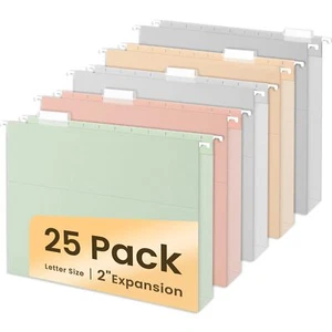 25 Pack Pastel Hanging File Folders Letter Size 2" Expansion 1/5-cut Tabs - Picture 1 of 8