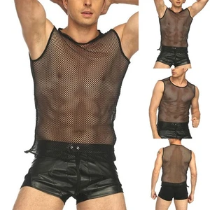 Shirts Sleeveless Fishnet String Vest Men\'s Fishing Net Yarn Tank Top Cool - Picture 1 of 27