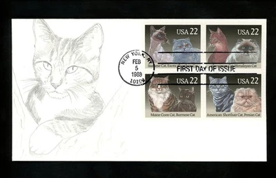 US FDC #2372-2375 Marvin Friedman Hand Drawn HD 1988 NY Cats Kittens Pets HC - Image 1 of 2