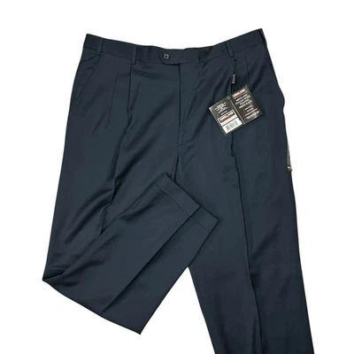 Kirkland Dress Pants Mens 38X32 Italian Wool Pleated Dress Slack Navy Blue New - Image 1 of 4