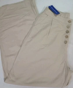 CHOU YATOU Womens Large Wide Leg Pants Linen Blend Pockets Button Elastic Waist - Picture 1 of 10