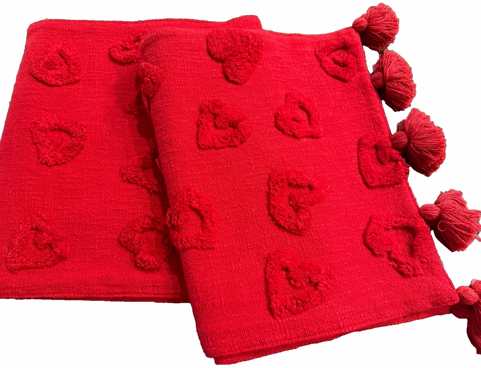 Cynthia Rowley Red Puff Hearts Large Lined Table Runner with Tassels 72" x 16" - Image 1 of 4