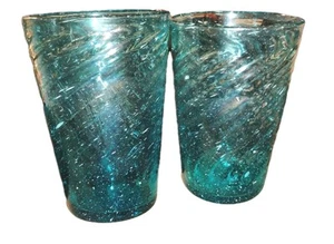 Vtg MCM Hand Blown Set of 2 Odilon Avalos Mexico Aqua Blue Swirl Glass Turquoise - Picture 1 of 6