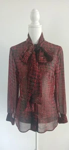 ROBERT KITCHEN CANADA WOMEN'S SHIRT burgundy multi SIZE SMALL pussybow SHEER - Picture 1 of 11