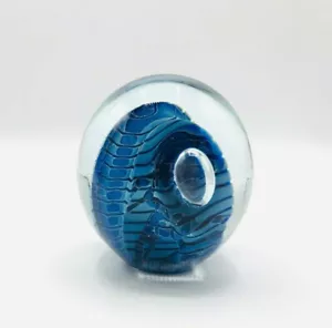 Vintage Signed Eickholt Blue Snakeskin Art Glass Controlled Bubble Paperweight - Picture 1 of 10