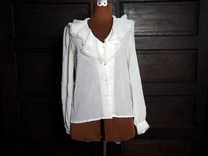 VTG 70s 80s Alexandria White Prairie V Neck Ruffle Balloon Sleeve Blouse Sz M/L - Picture 1 of 6