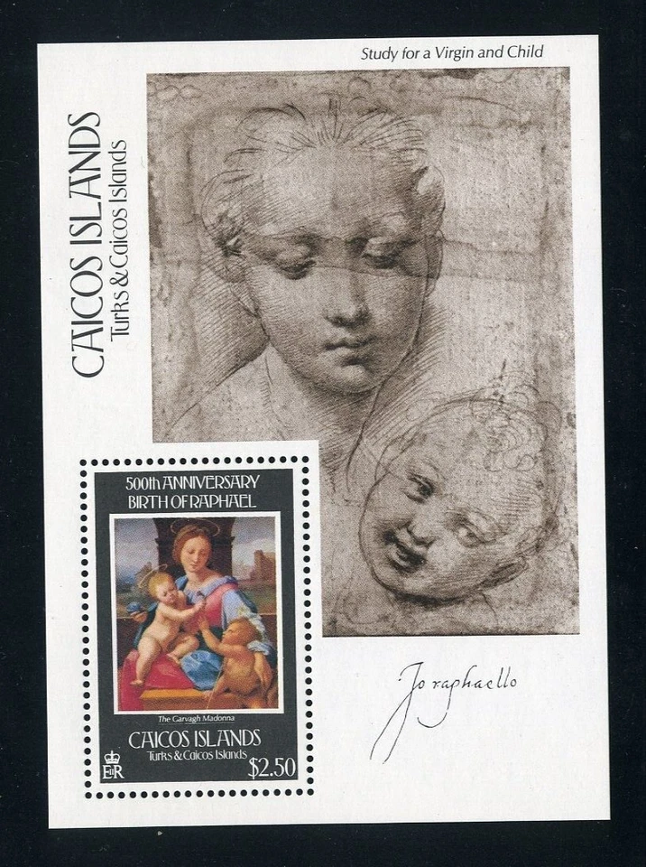 Islas Turcas y Caicos - Hoja de recuerdo MNH - Pintura Virgen y Niño Foto 1 de 1