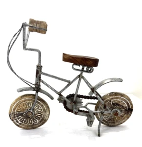 Mini Metal Bicycle Wood Seat Home Decor 10" Long Working Chain Bike Sculpture - Picture 1 of 12
