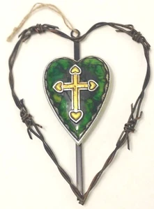Heart Cross Metal Decor Green & Yellow Wall Hanging 6 1/2x8 1/2 Inches New  - Picture 1 of 4