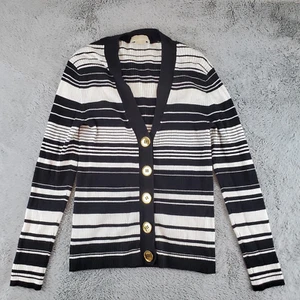 Michael Kors Womens Cardigan Sz PM Large Gold Buttons Black White Stripes Ribbed - Picture 1 of 4