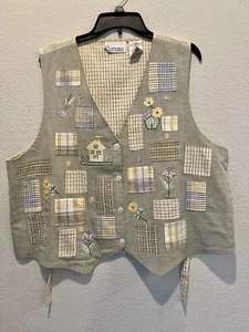 Gilet vintage beige pied de poule patchwork ricamato fiori cottagecore taglia XL - Foto 1 di 8