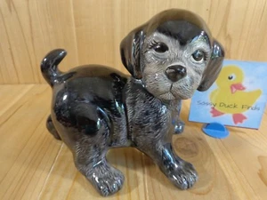 Puppy Dog Figurine 8" Black White Playful Pose Hand Painted Ceramic - Picture 1 of 7