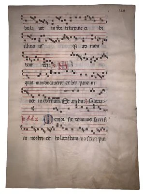EARLY 1600's, ILLUMINATED MANUSCRIPT ANTIPHONAL LEAF ON VELLUM, MUSIC, 18" x 13" - Image 1 of 4