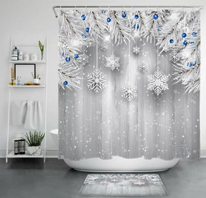 Christmas Shower Curtain Silver Snowflakes Fir Branches Farm Planks Bathroom Set - Picture 1 of 18