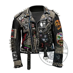 Men's Handmade & Hand Painted Punk Spiked Studded Patches Style Leather Jacket - Picture 1 of 5