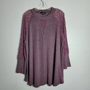 Suzanne Betro Purple Lace Sleeve Top Plus Size 2X Long Sleeve Soft Knit Rayon - Picture 1 of 4