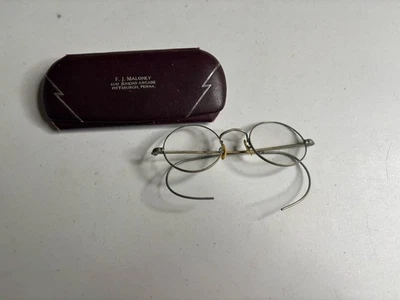 1930s Round Wire Rim Eyewear Glasses With Vintage Case Maloney Pittsburgh PA - Image 1 of 4
