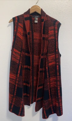 Ali Miles Holiday Acogedor Frente Abierto Plumero Suéter Chaleco Negro Rojo Cuadros Grande Foto 1 de 3