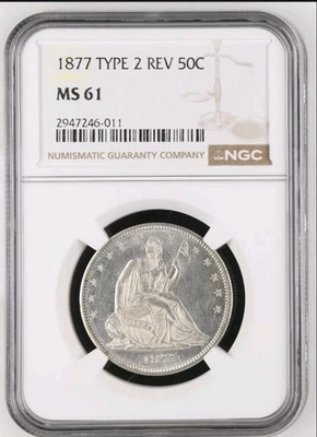 1877-P, 50C, Seated Liberty, TYPE 2 REV, NGC MS-61, SUPER RARE, ULTRA LOW POP - Image 1 of 4
