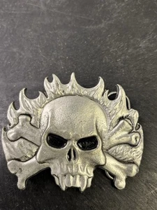 Vintage Monster Belt Buckle Skull Crossbones Fire Flames 2000 Mobtown Chicago - Picture 1 of 3