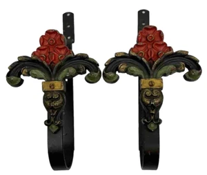 Antique Victorian CNP Polychrome Curtain Drapery Tie Back Set Floral Red Green 1 - Picture 1 of 6