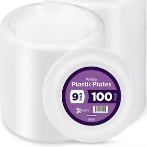 100 Pack White Plastic Dinner Plates 9 Inch Disposable Plates Bulk Pack for P... - Picture 1 of 8