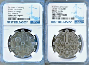 2018 P Evolution of Industry ANTIQUED Gear-Shaped 1oz Silver 2-COIN-SET NGC MS69 - Picture 1 of 8