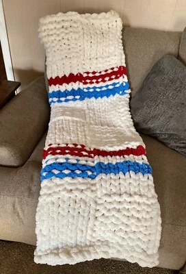 Red White And Blue chunky knit blanket hand made - Image 1 of 4