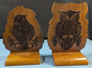 Vintage Wooden Owl Bookends Batik Style Design - Picture 1 of 5