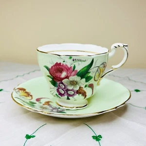 Vintage Paragon Bone China Tea Cup Saucer Mint Green Floral Double Warrent 1940s - Picture 1 of 6