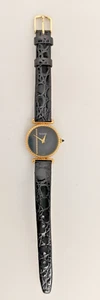 Vintage Accurist Ladies Wristwatch Mechanical Black Dial Gold Black Leather - Picture 1 of 9